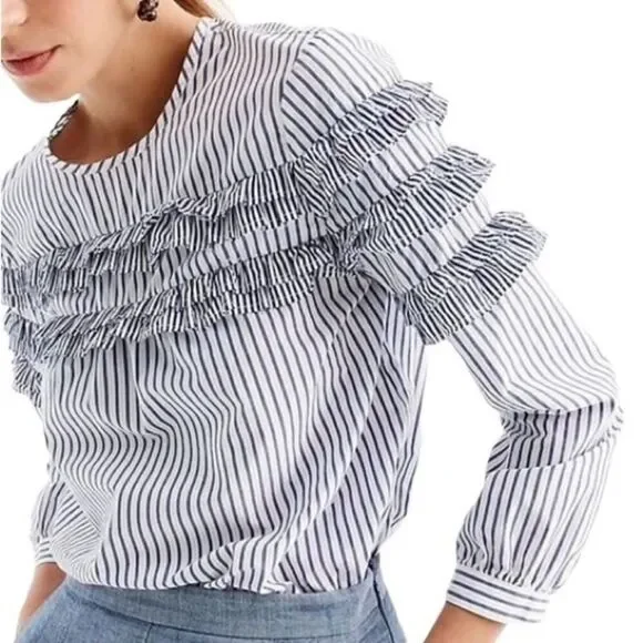 J. Crew Tiered Ruffle Stripe Blouse Blue White 2 Cotton - Picture 3 of 10
